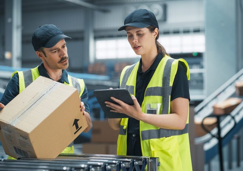 Caucasian,Female,Manager,And,Male,Load,Worker,Talking,In,Modern