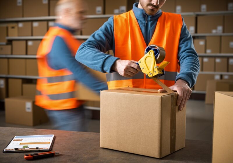 Warehouse,Worker,Sealing,A,Delivery,Box,Using,A,Tape,Dispenser