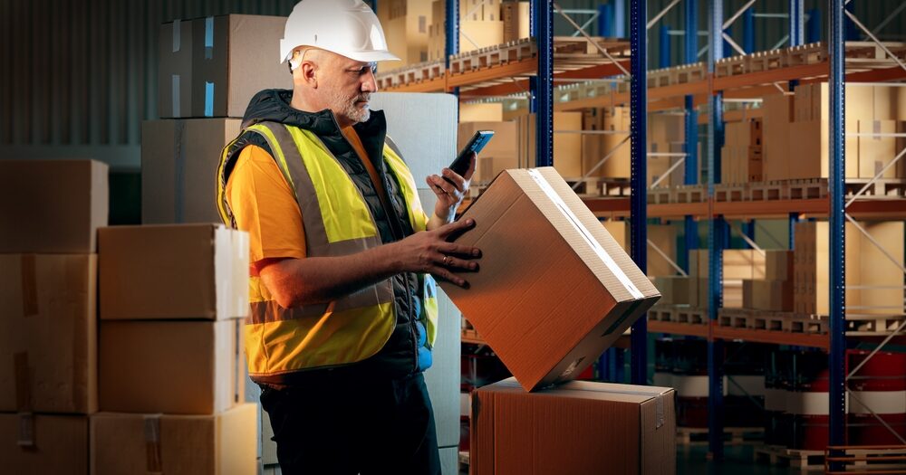 Man,In,Customs,Warehouse.,Storekeeper,With,Box.,Warehouse,Worker,Holds